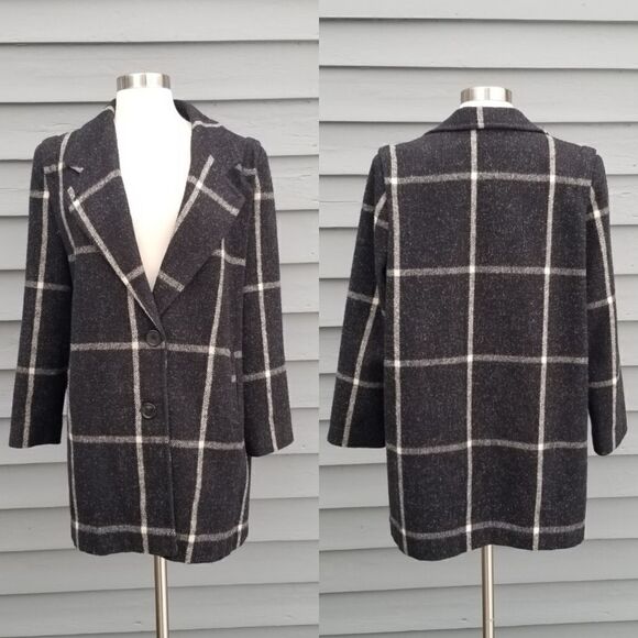 Vintage 70s Miss New Yorker Wool Blend? Windowpane Plaid Black and White Coat Lg - Picture 1 of 8